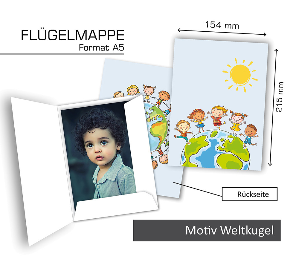 Flügelmappe "WELTKUGEL", [15x21 cm], 50 Stück